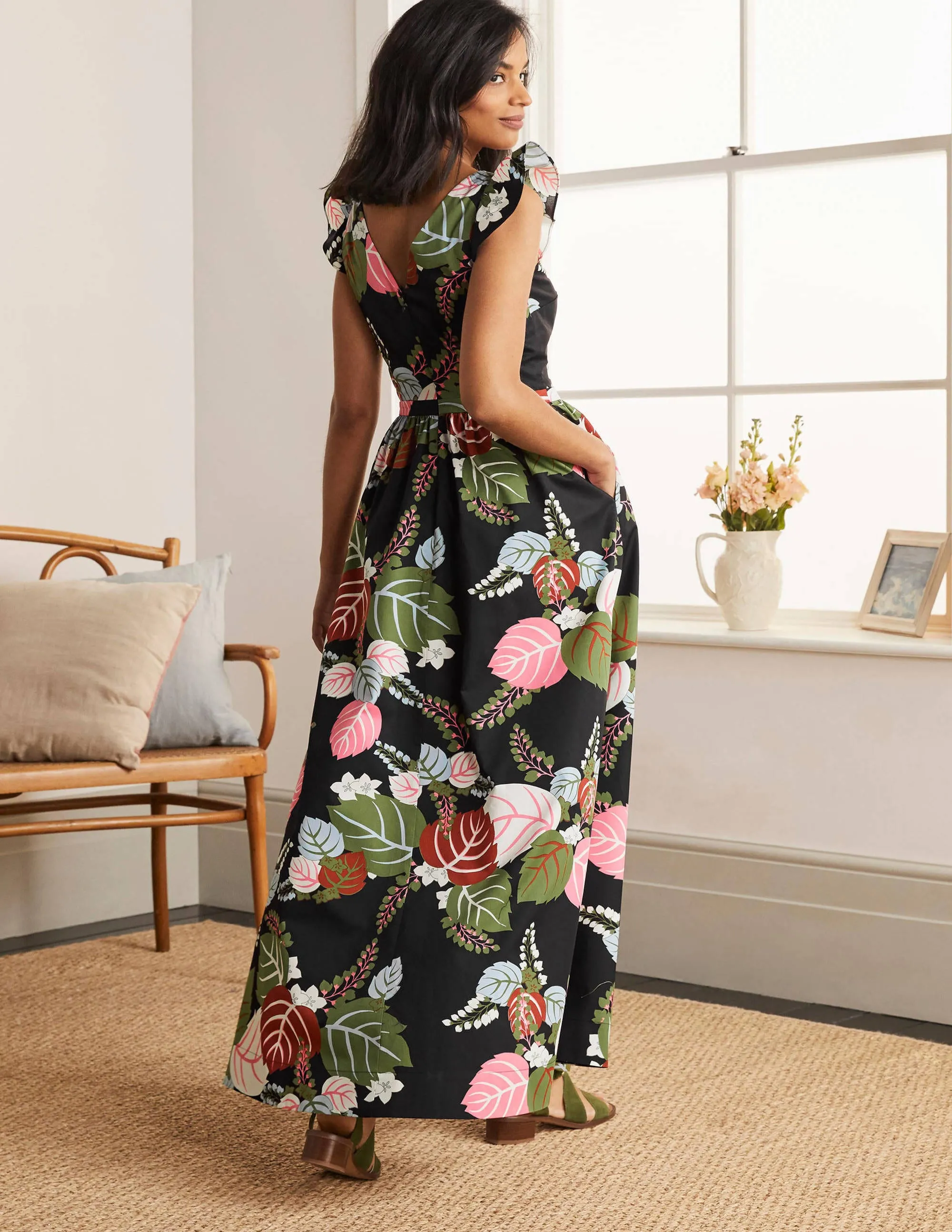 Andrea Frill Sleeve Maxi Dress-Black, Holiday Tropic