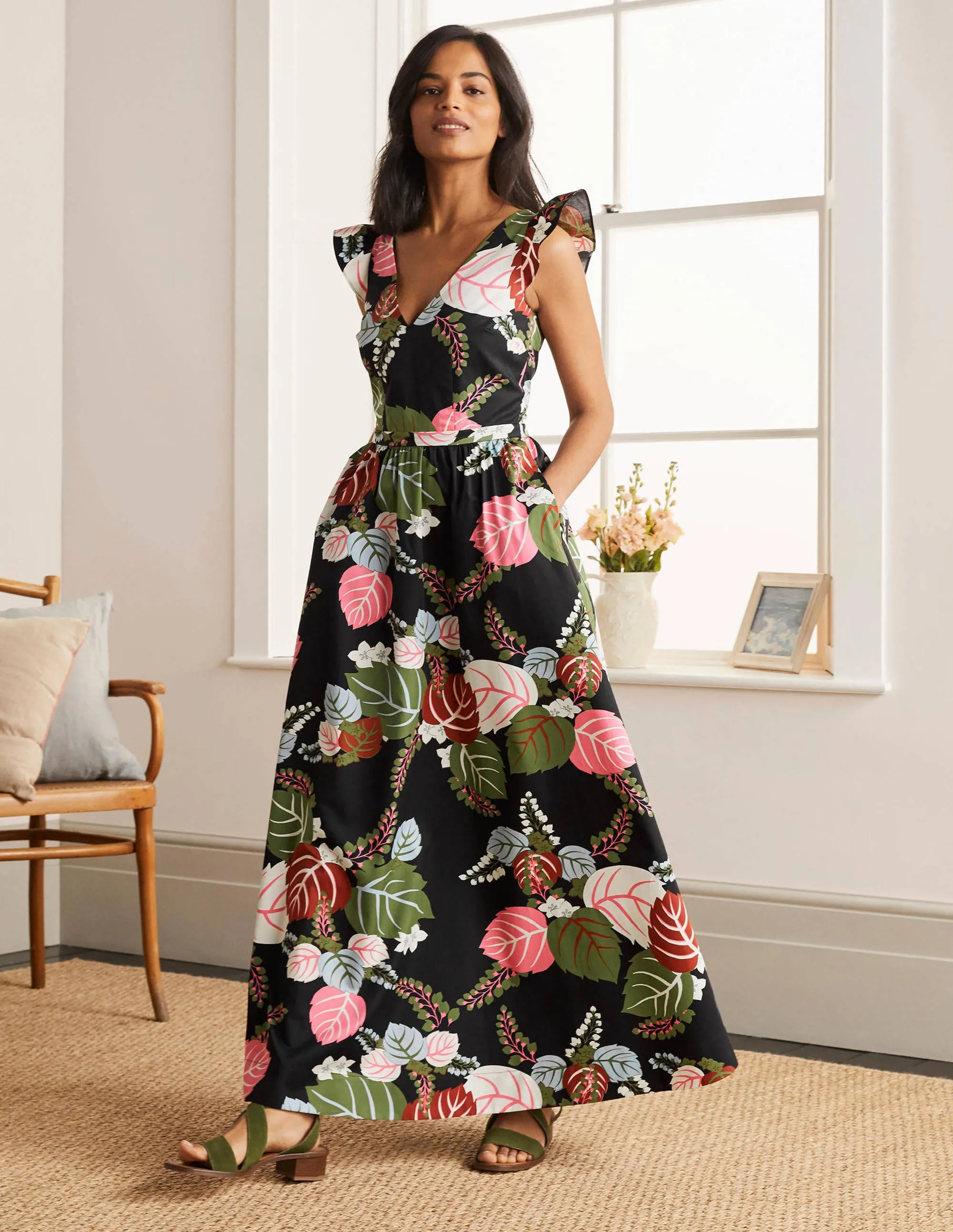 Andrea Frill Sleeve Maxi Dress-Black, Holiday Tropic