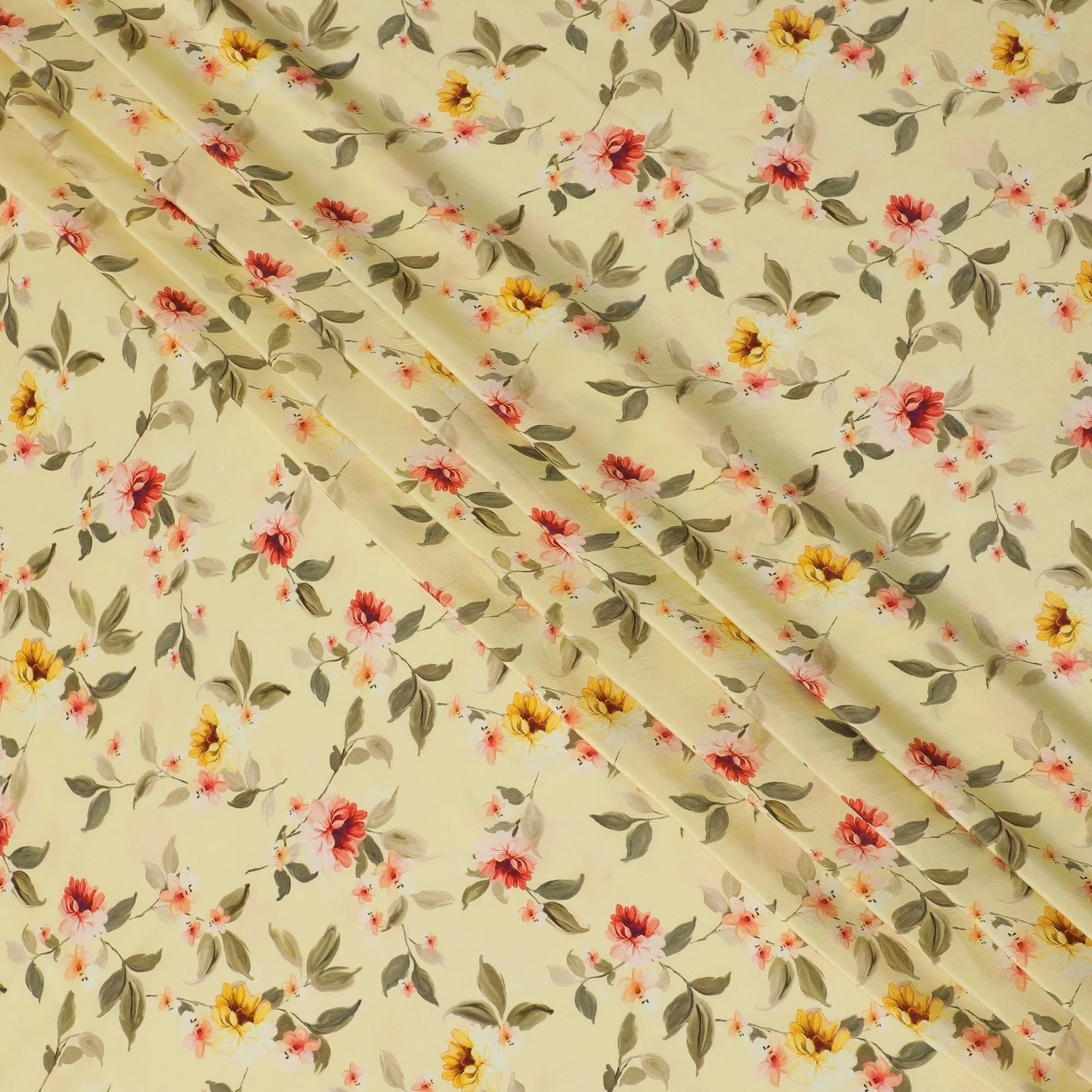 Banana yellow Premium pure silk crepe fabric with multicolor print in floral design-D13862