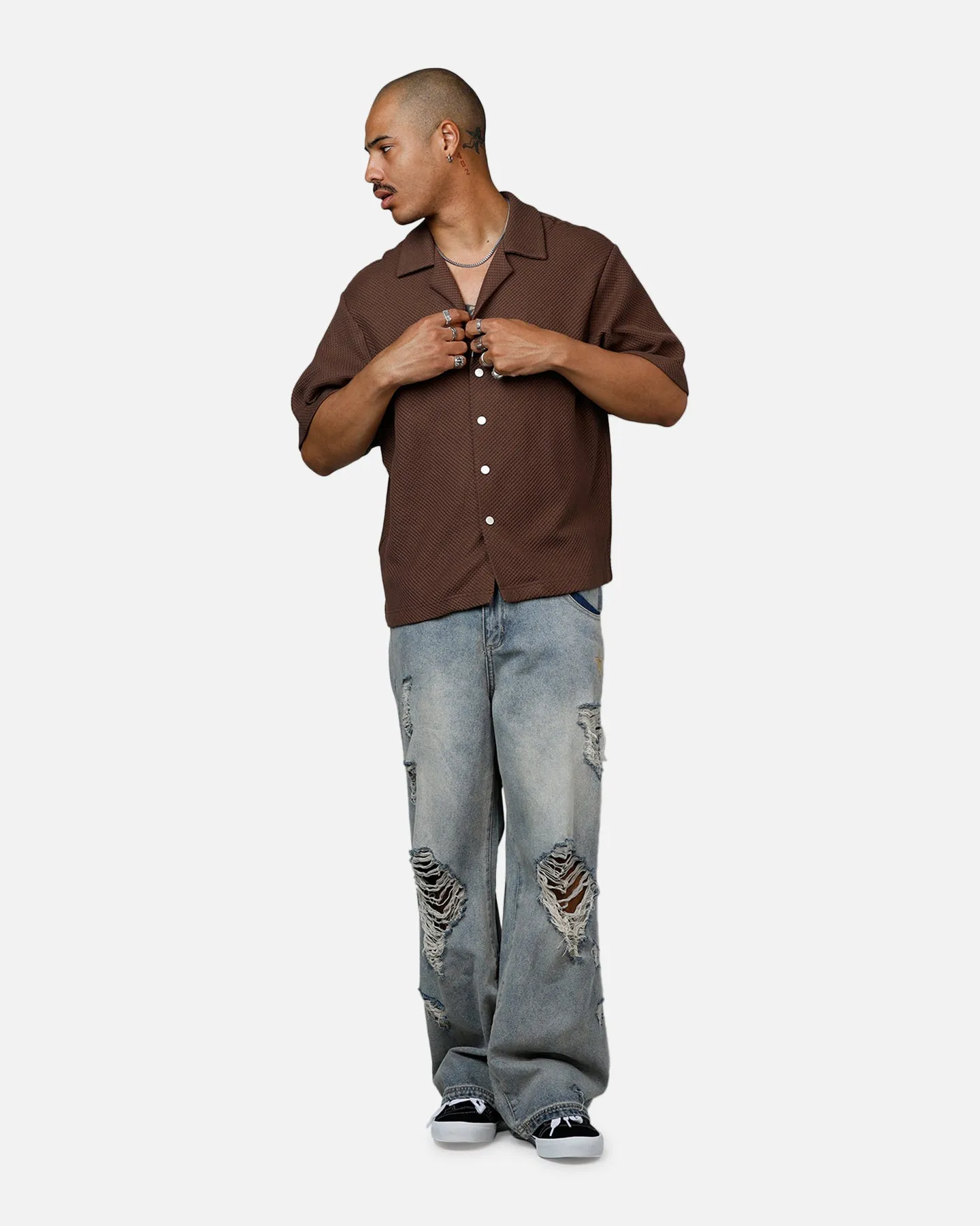Banx Signature Waffle Button Up Shirt Brown