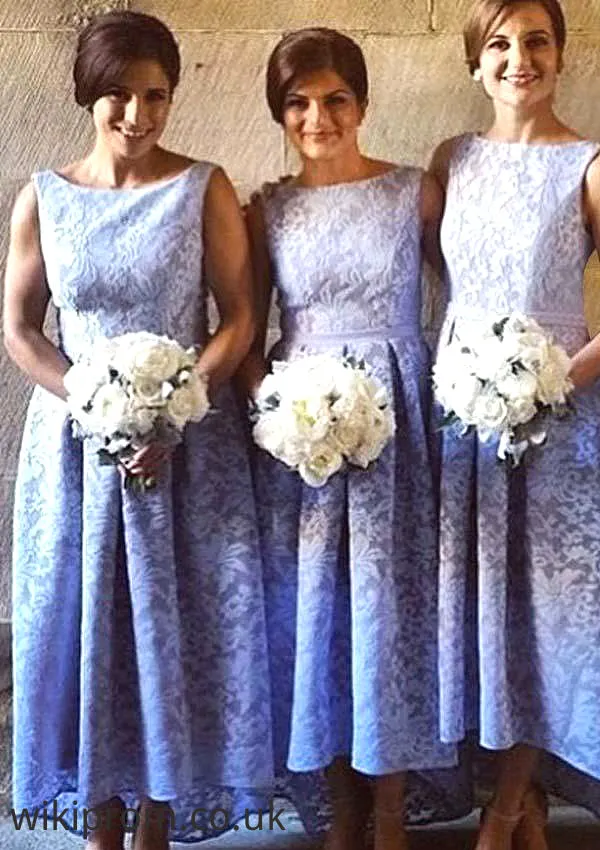 Bateau Sleeveless Asymmetrical A-line/Princess Lace Bridesmaid Dresseses With Pleated Deja SWKP0025576