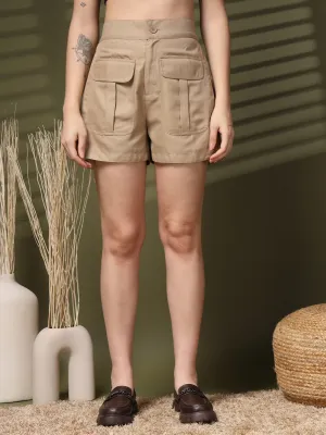 Beige Solid Regular Fit Women Shorts