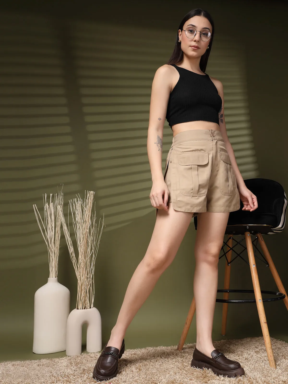 Beige Solid Regular Fit Women Shorts