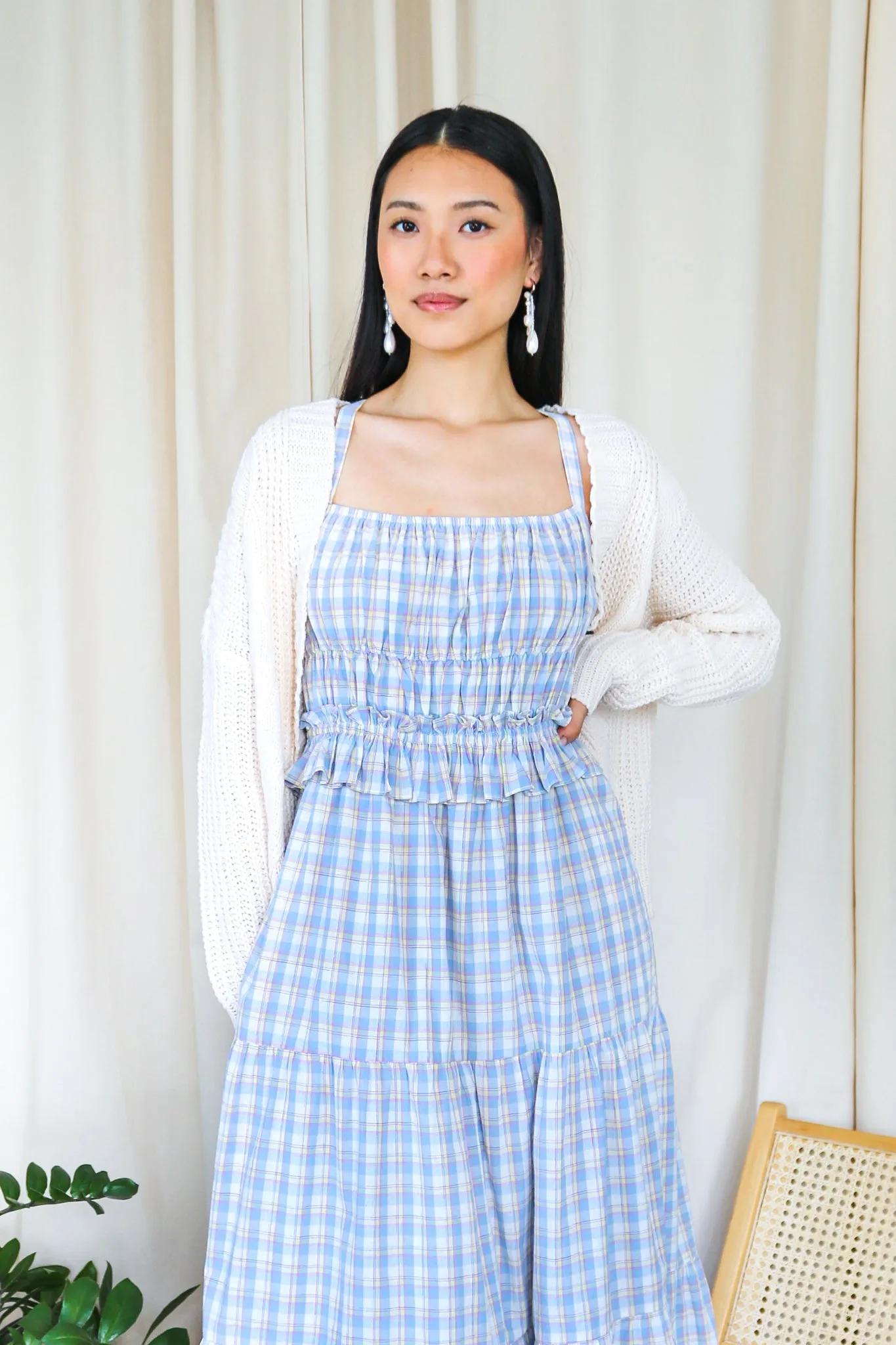 Blue Plaid Smocked Tiered Maxi Dress