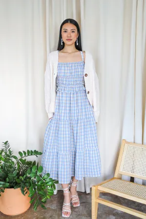 Blue Plaid Smocked Tiered Maxi Dress