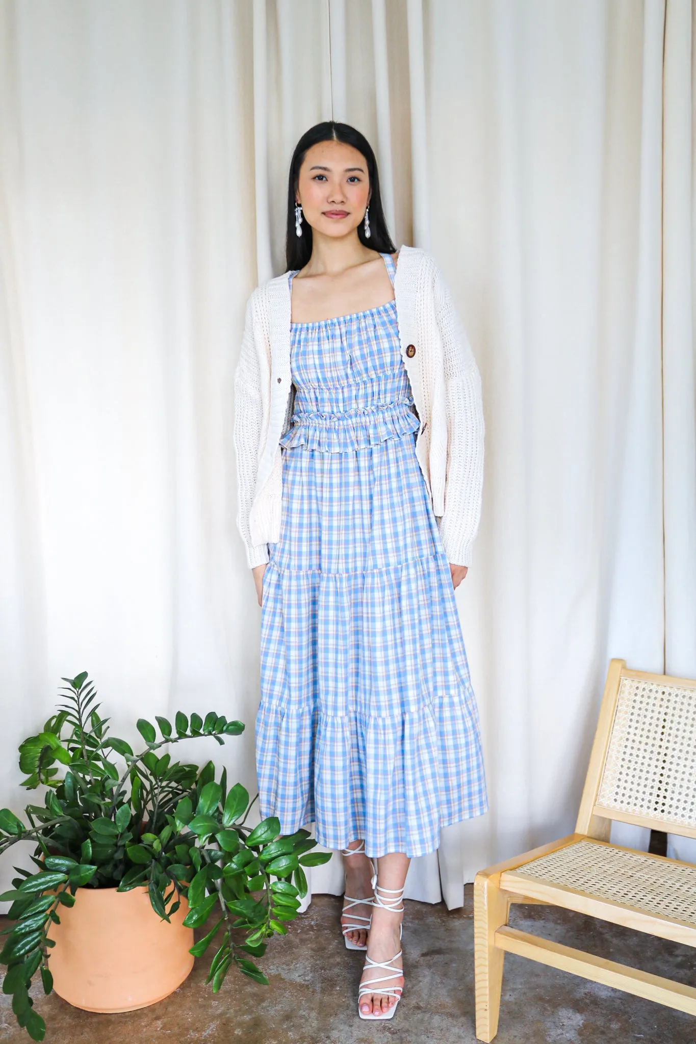 Blue Plaid Smocked Tiered Maxi Dress