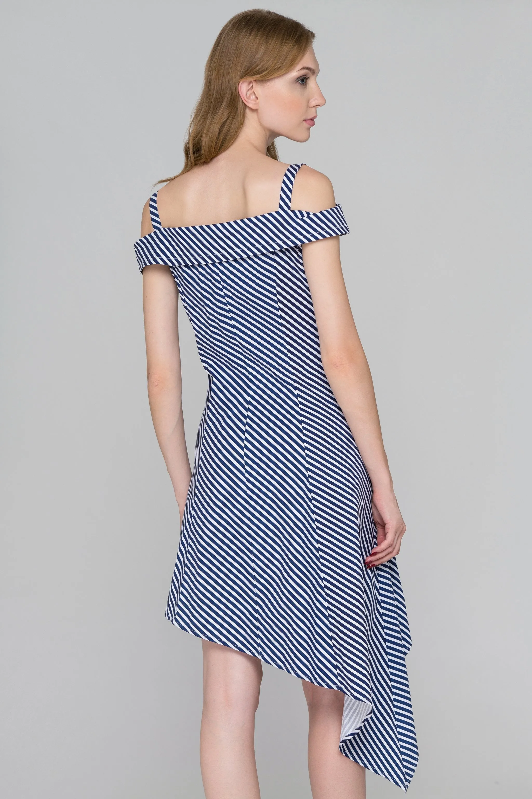 Blue Stripe Double Button Asymmetric Midi Dress