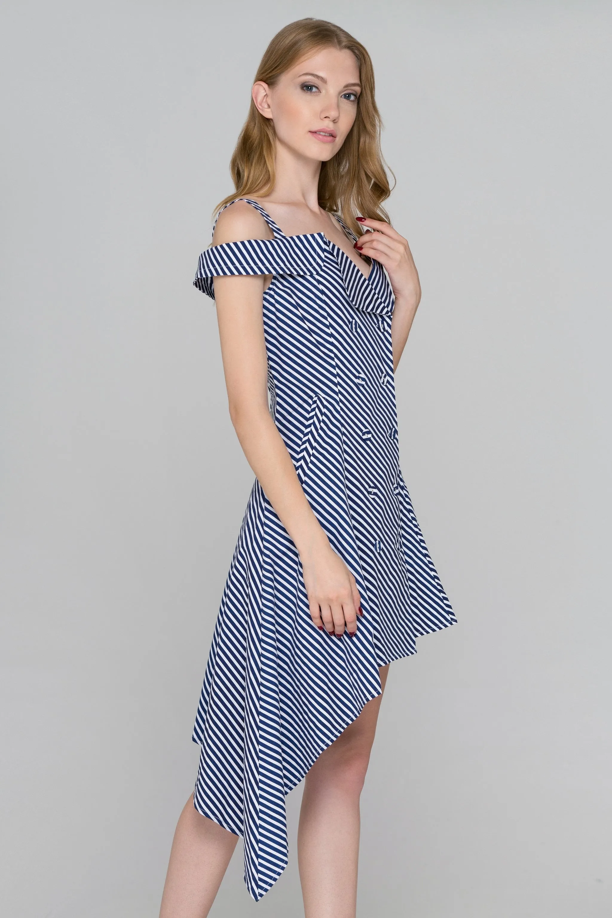 Blue Stripe Double Button Asymmetric Midi Dress