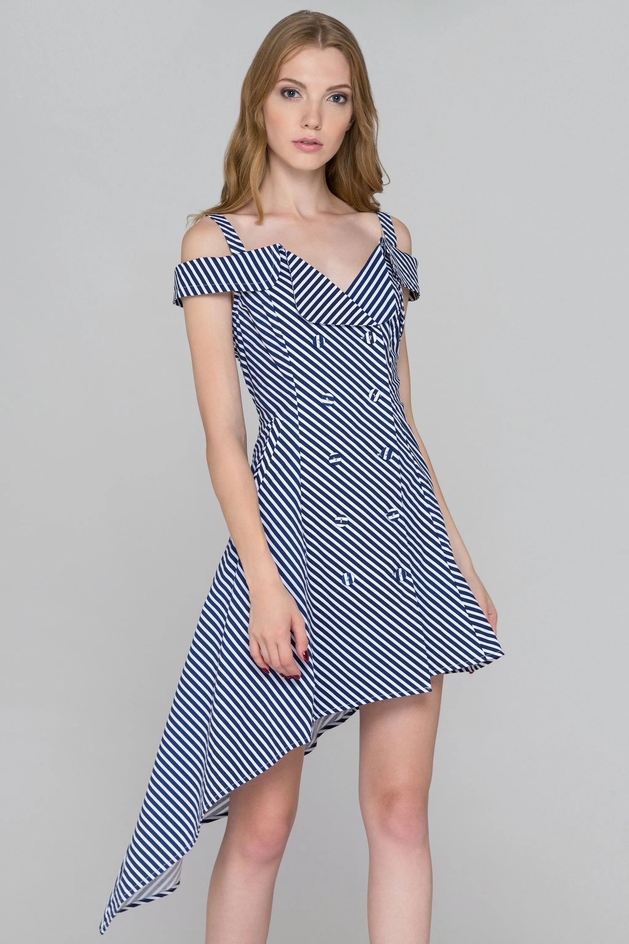 Blue Stripe Double Button Asymmetric Midi Dress