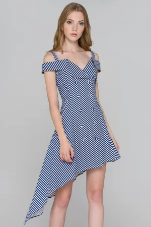 Blue Stripe Double Button Asymmetric Midi Dress