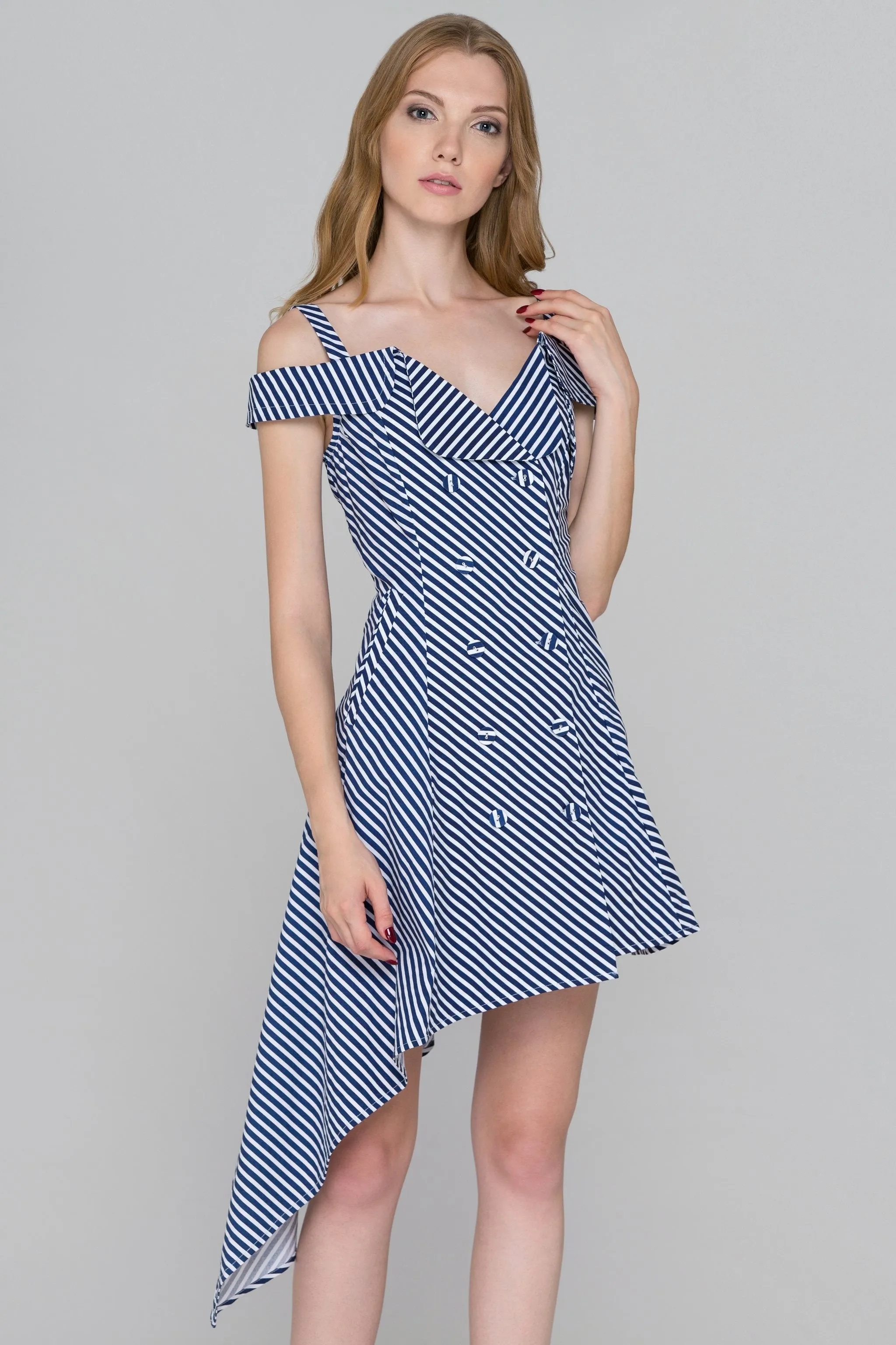 Blue Stripe Double Button Asymmetric Midi Dress