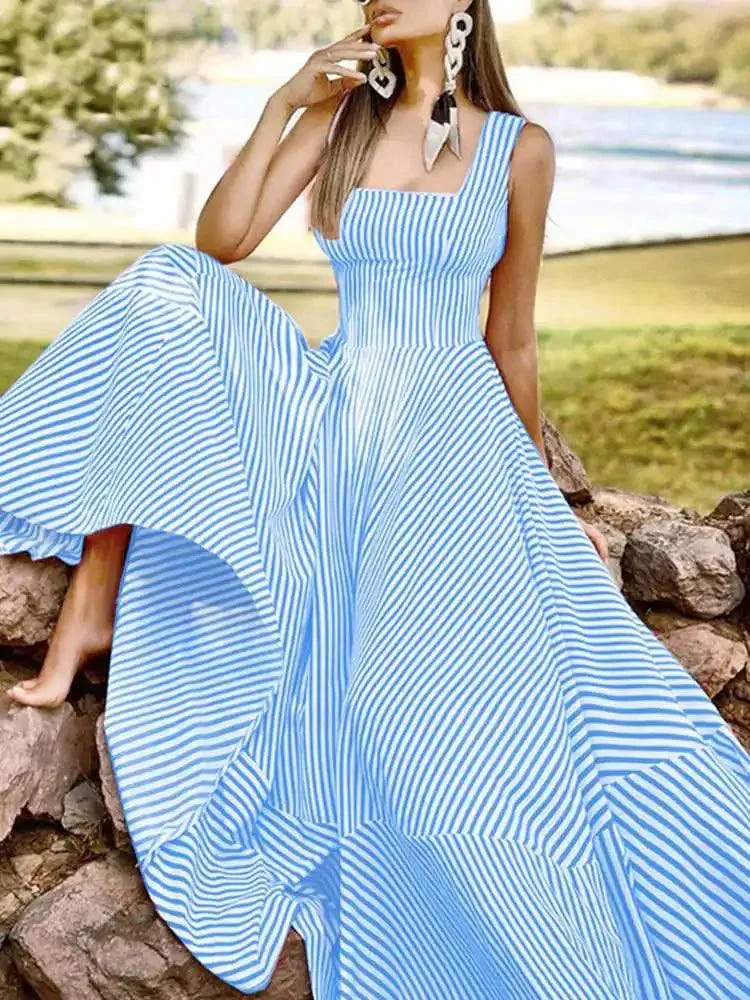 Bohemian Square Collar Ankle-Length Sundress