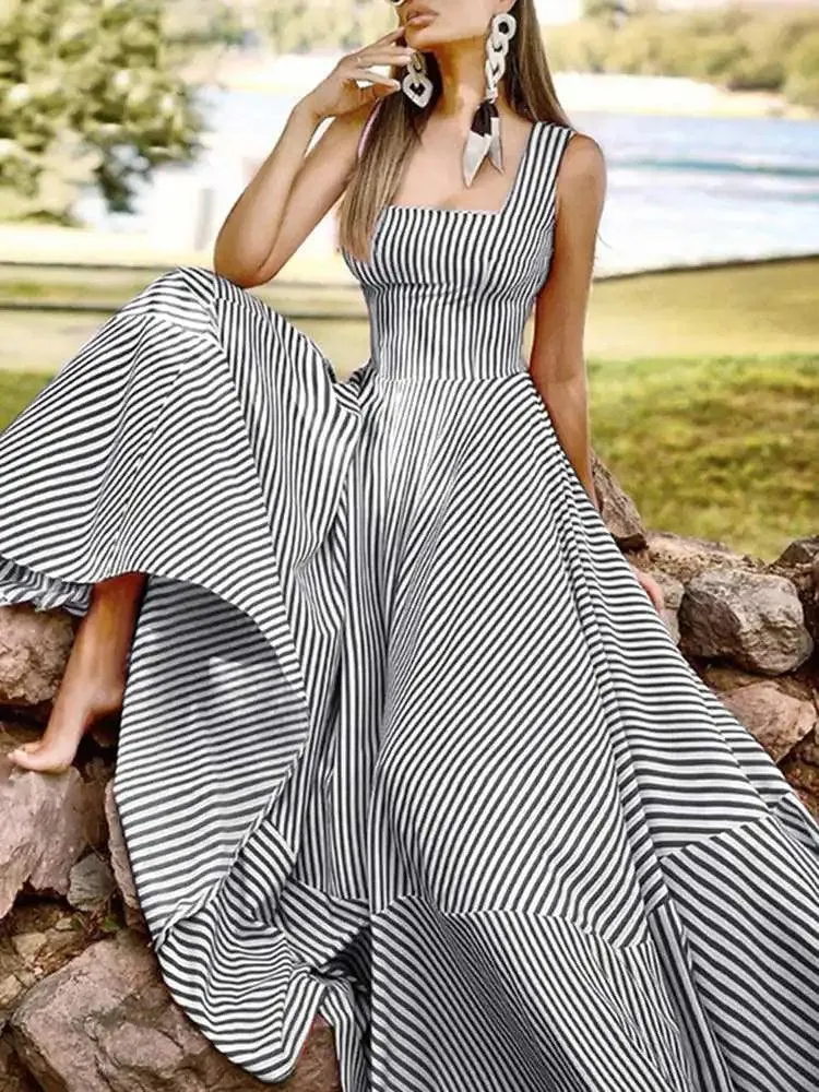 Bohemian Square Collar Ankle-Length Sundress