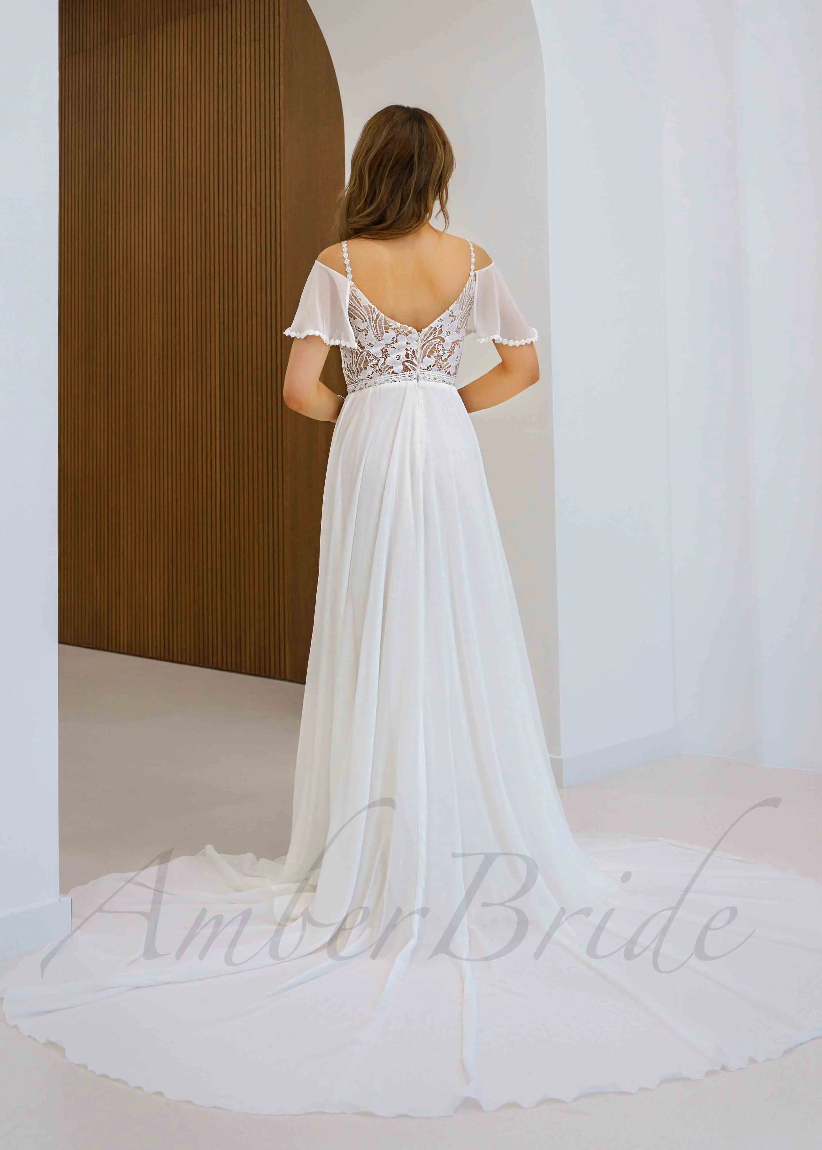 Boho Chiffon Wedding Dress with Flutter Sleeve and Floral Lace Bodice