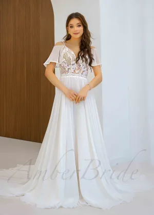 Boho Chiffon Wedding Dress with Flutter Sleeve and Floral Lace Bodice