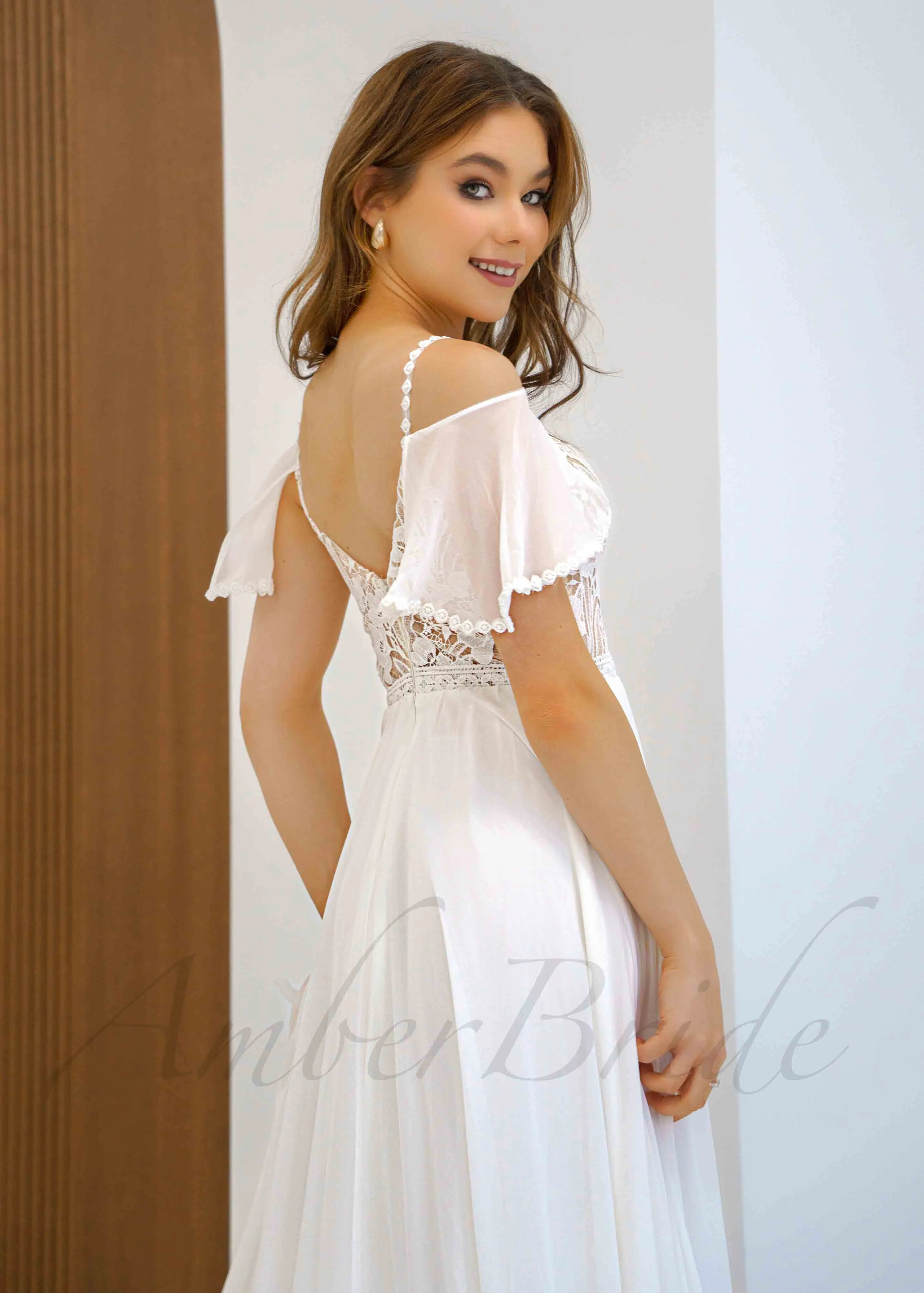 Boho Chiffon Wedding Dress with Flutter Sleeve and Floral Lace Bodice
