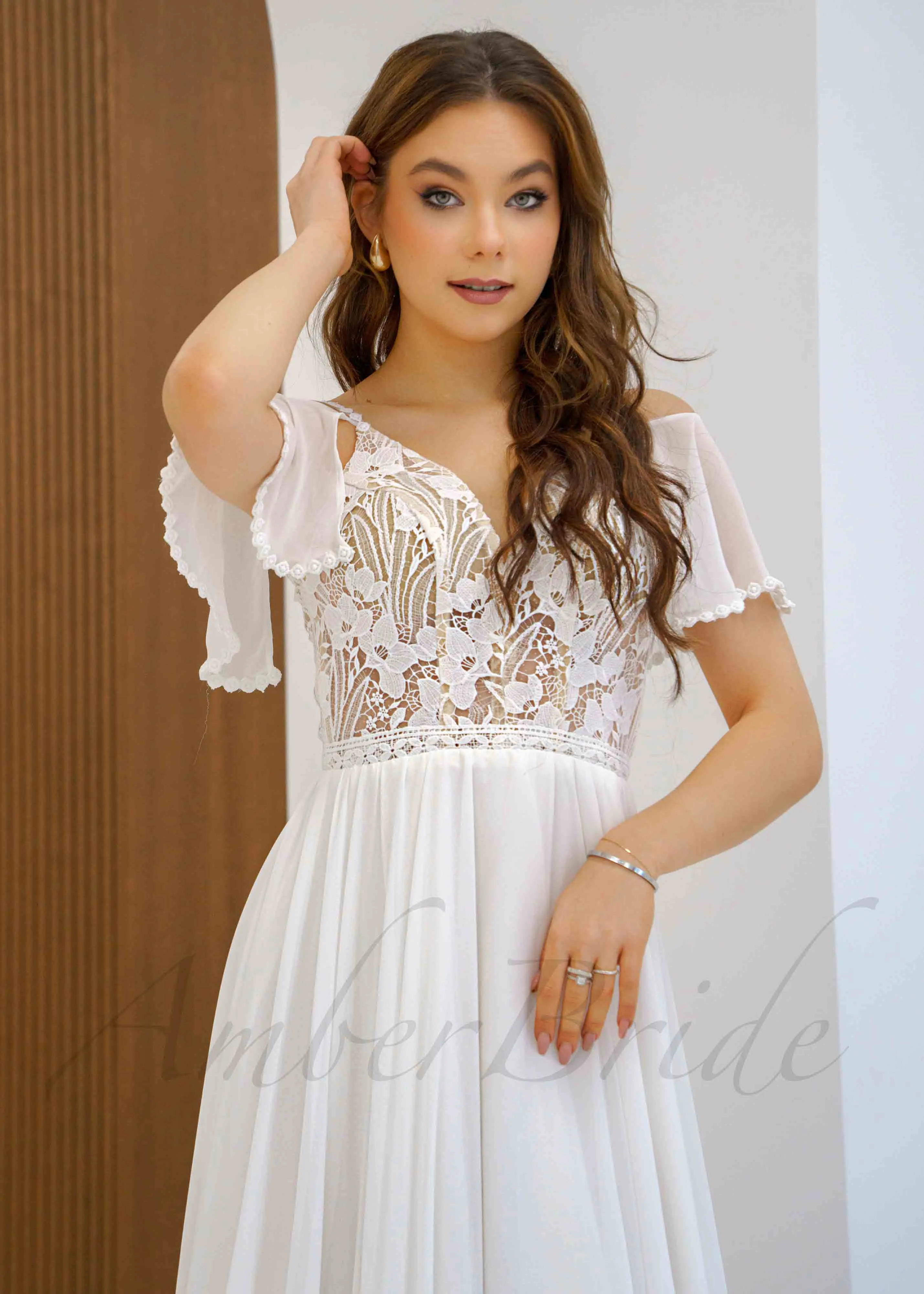 Boho Chiffon Wedding Dress with Flutter Sleeve and Floral Lace Bodice