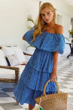 Boho Midi Dress, Sundress, Sadie Ruffle in Blue