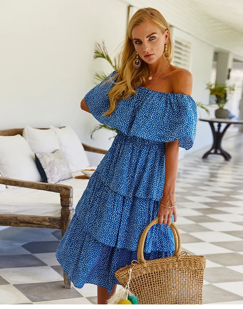 Boho Midi Dress, Sundress, Sadie Ruffle in Blue