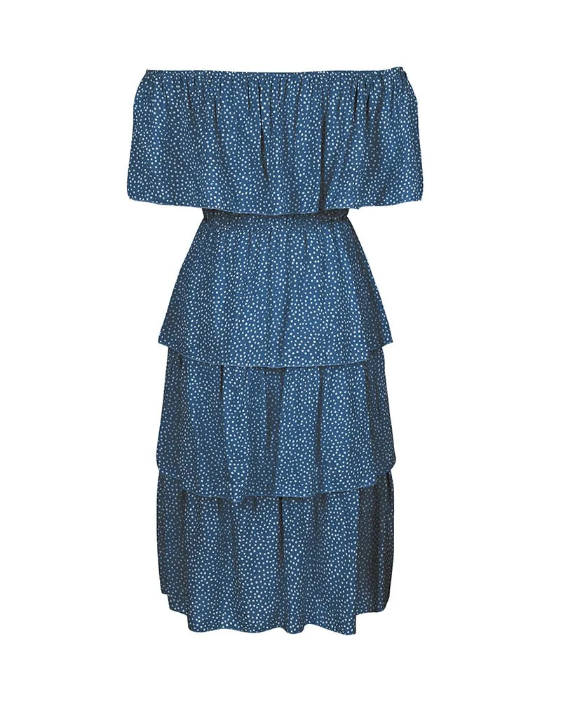 Boho Midi Dress, Sundress, Sadie Ruffle in Blue