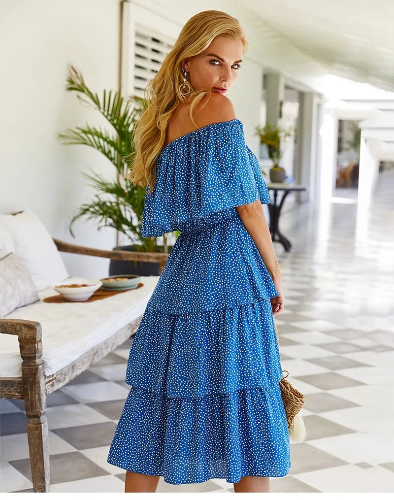 Boho Midi Dress, Sundress, Sadie Ruffle in Blue