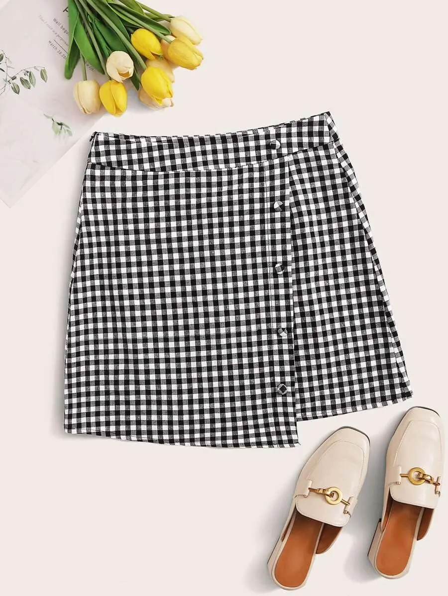Button Front Buffalo Plaid Asymmetrical Skirt