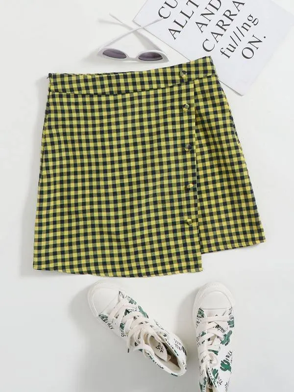 Buttoned Detail Asymmetric Gingham Skirt