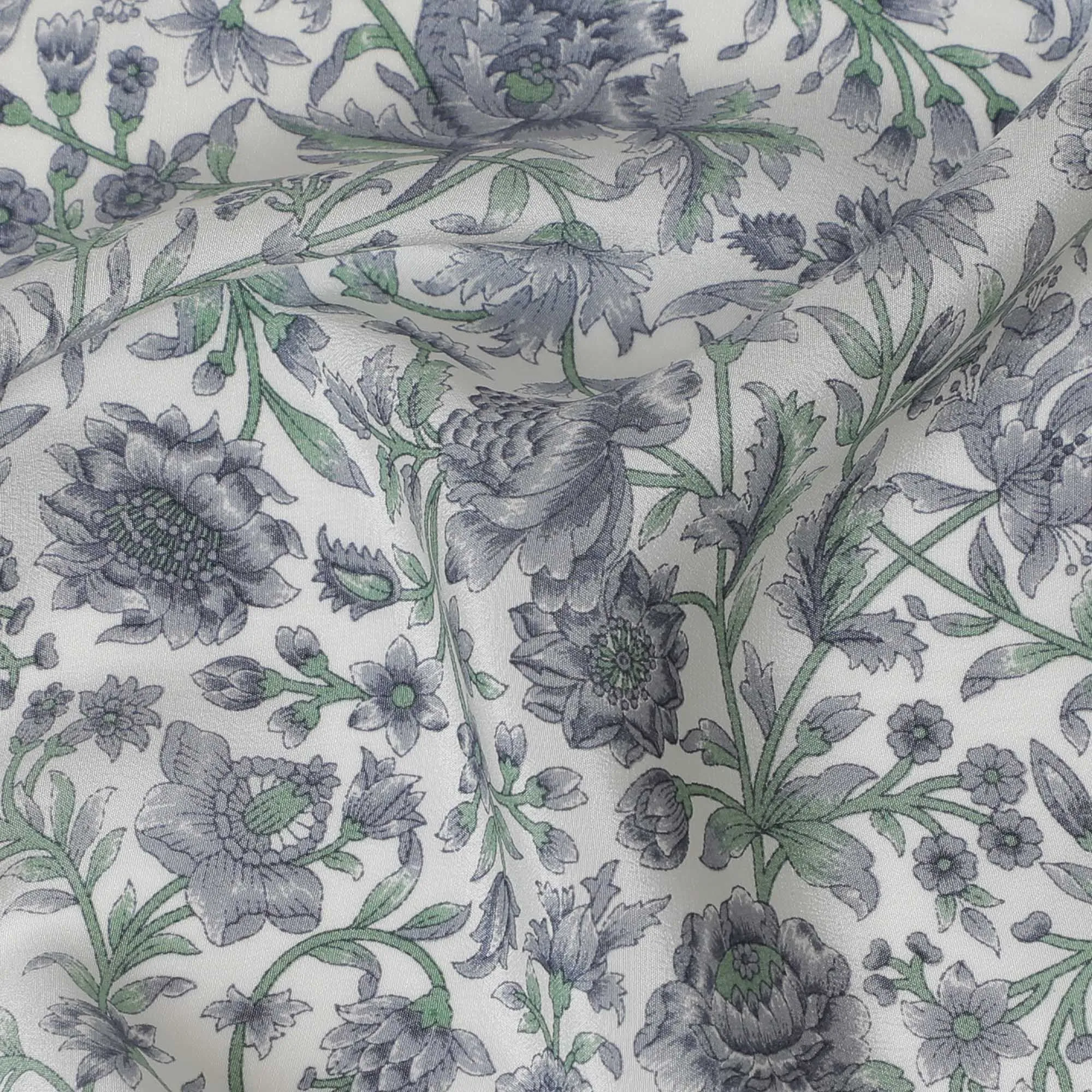 Classic English Garden Pure Silk Crepe Fabric - Delicate Floral Print, 110cm Width, Exquisite Indian Craftsmanship - Buy Online by the Meter-D18032