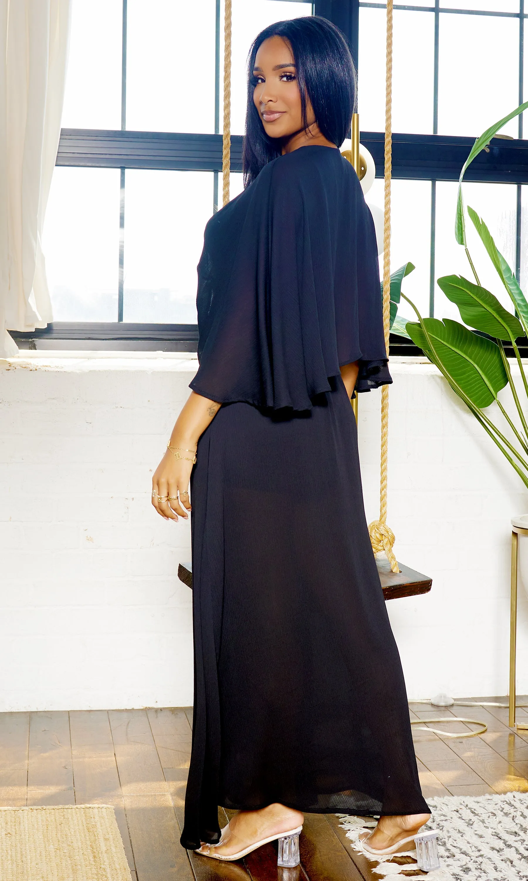 Classy Elegance | Cape Maxi Dress - Black Final Sale