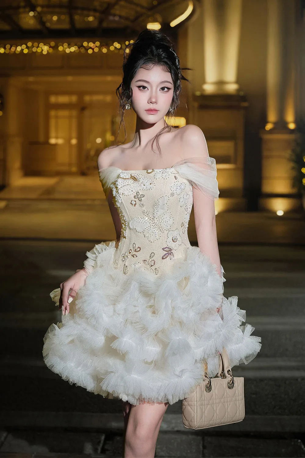 Cloud A-line Ruffled Mesh Mini Dress