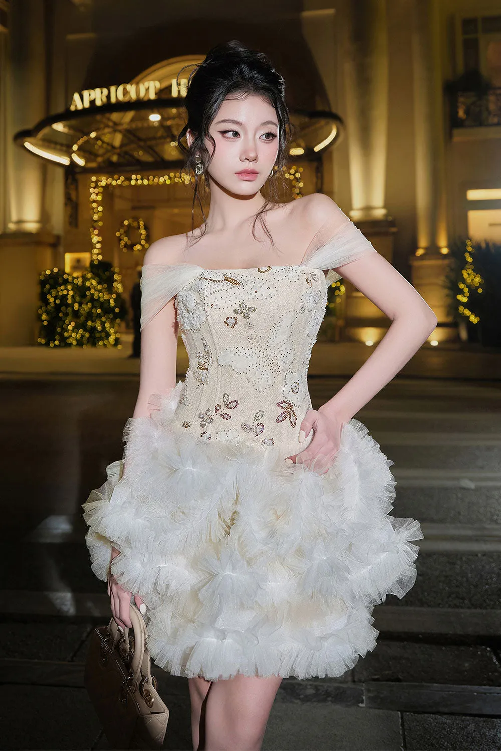 Cloud A-line Ruffled Mesh Mini Dress