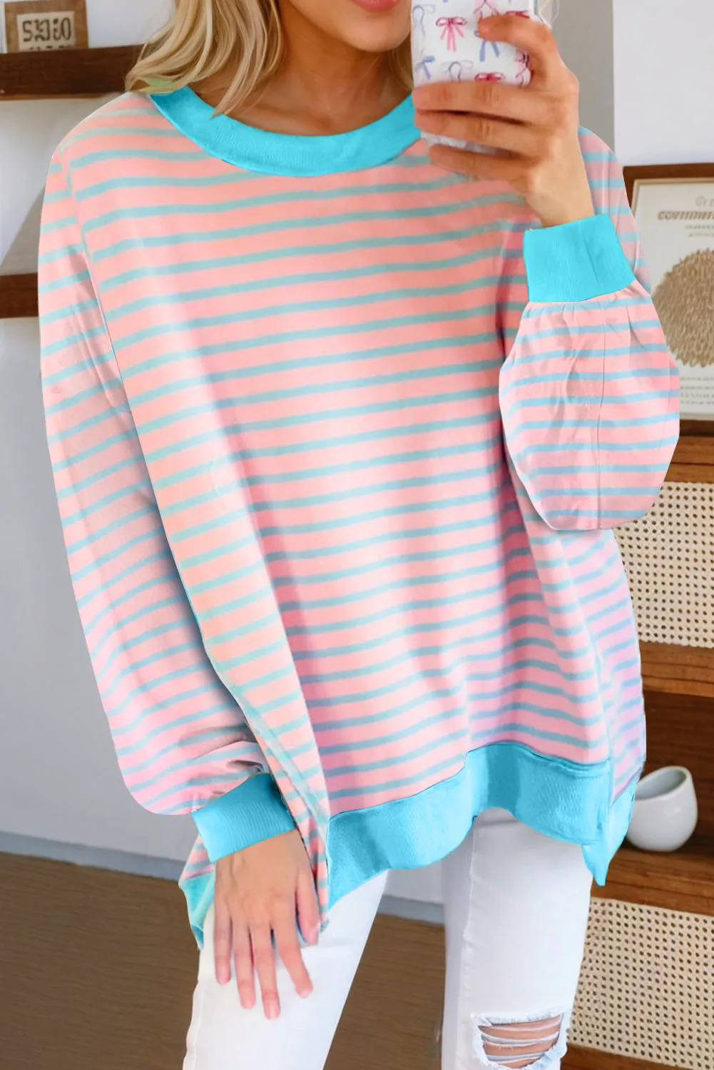 Contrast Trim High Low Pullover Tunic Sweatshirt