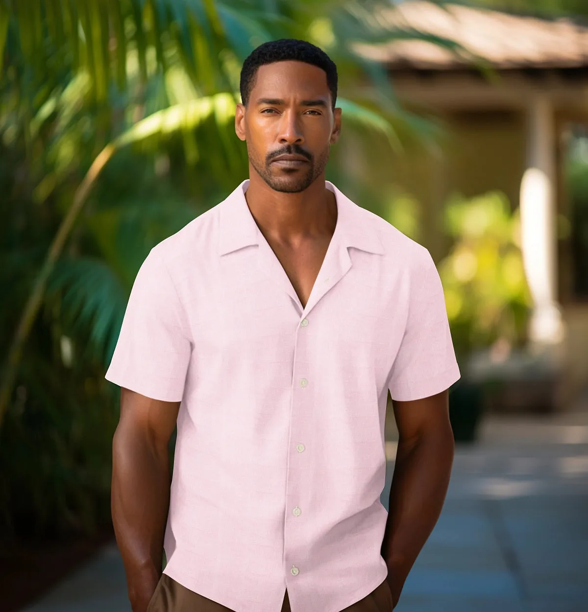 Cotton Linen - Camp Collar - Short Sleeve - Light Pink