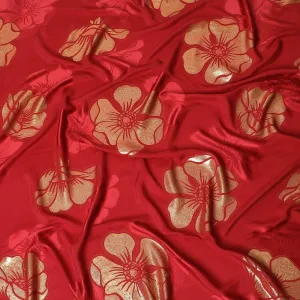 Crimson red Premium pure silk crepe fabric with same tone jacquard and gold metallic lurex in floral design-D14632
