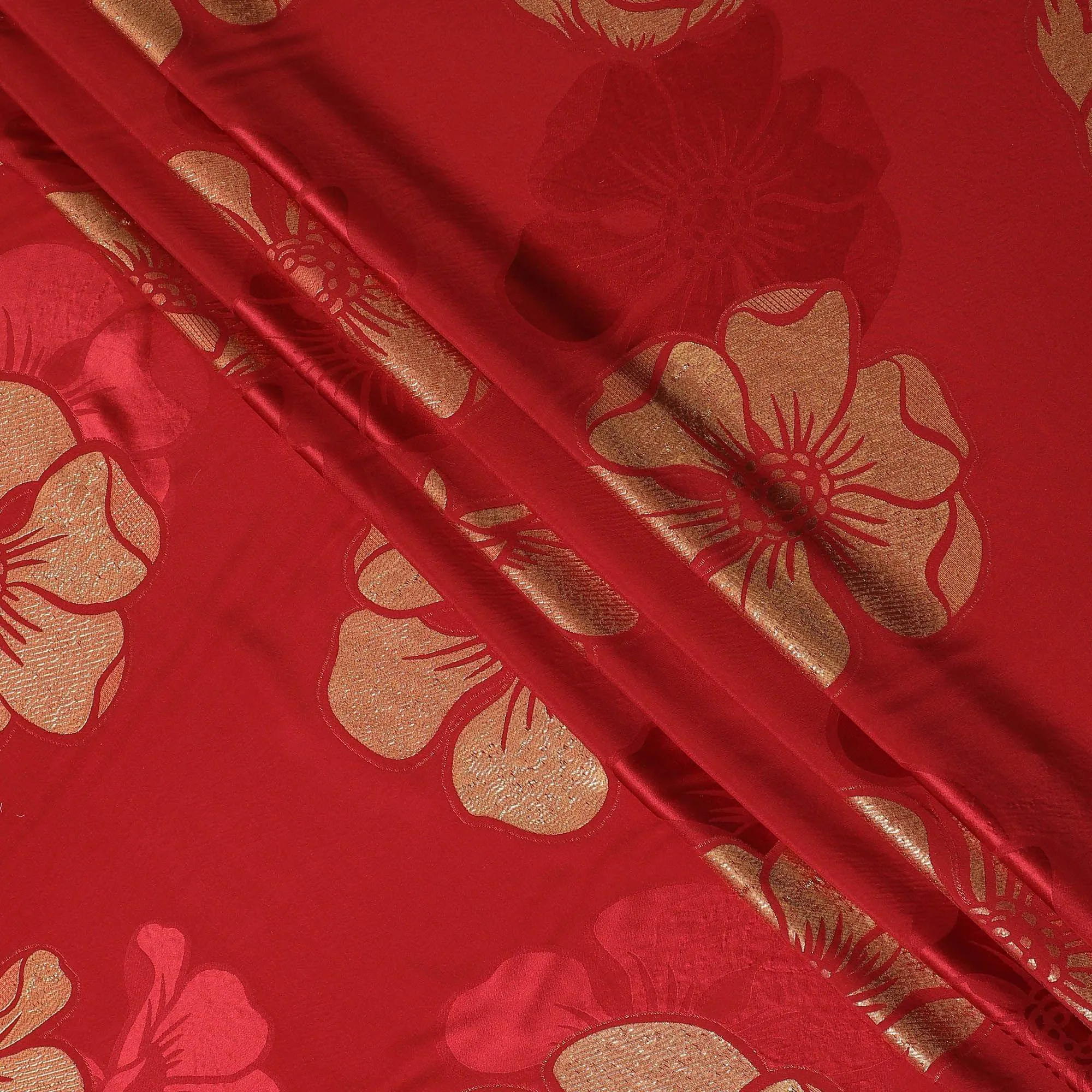 Crimson red Premium pure silk crepe fabric with same tone jacquard and gold metallic lurex in floral design-D14632