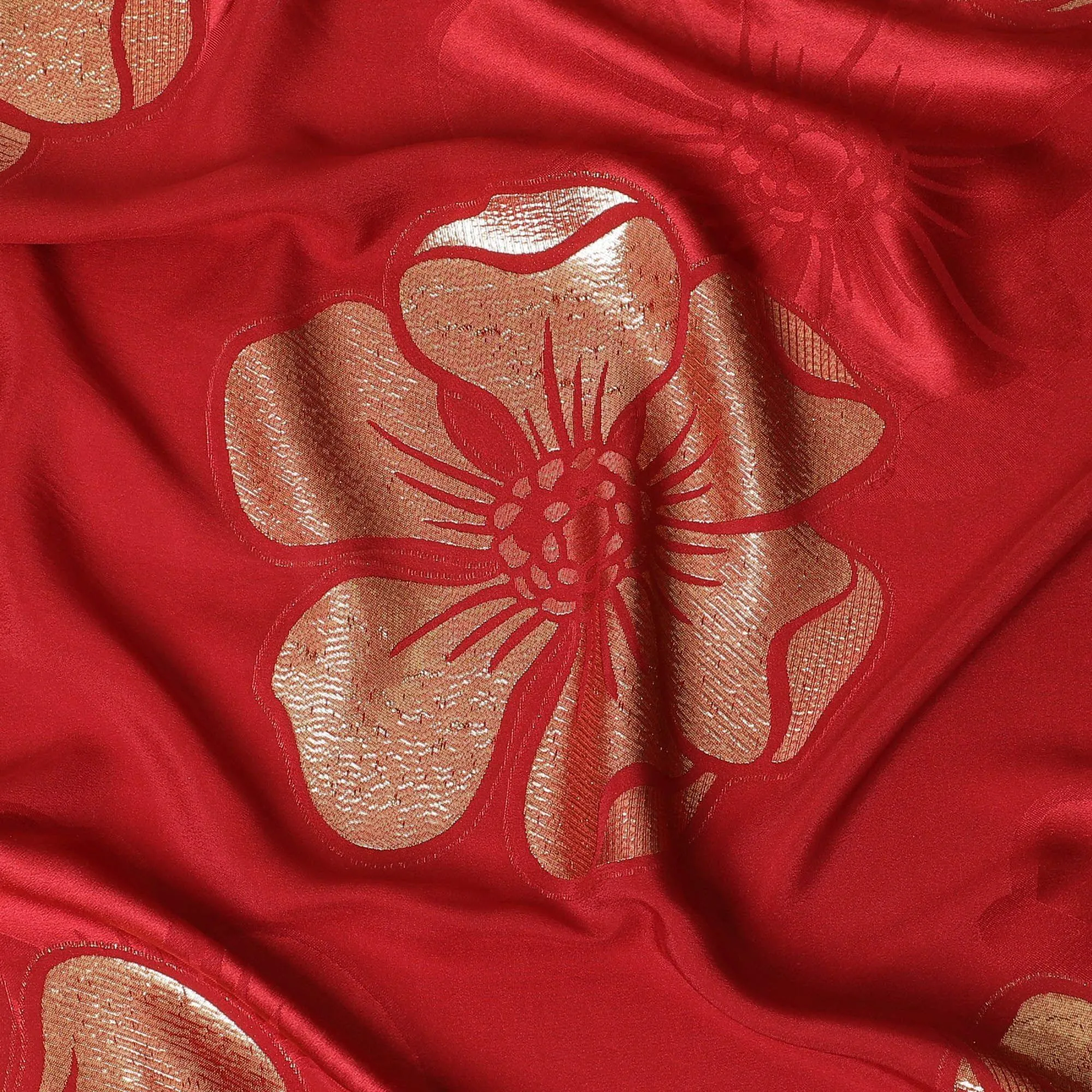 Crimson red Premium pure silk crepe fabric with same tone jacquard and gold metallic lurex in floral design-D14632