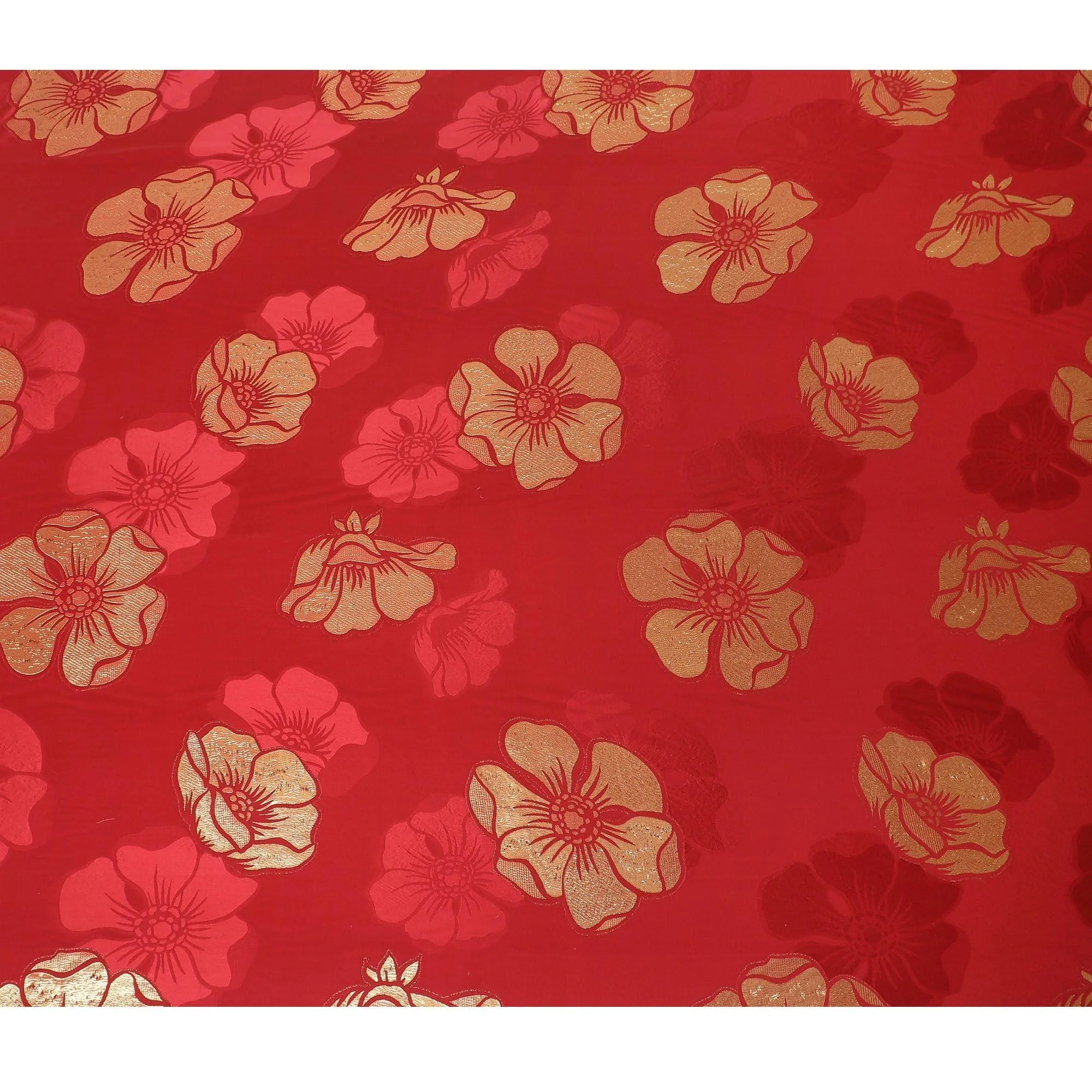 Crimson red Premium pure silk crepe fabric with same tone jacquard and gold metallic lurex in floral design-D14632