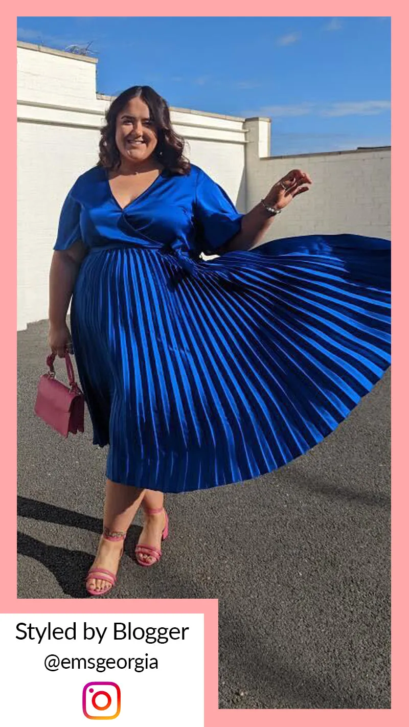 CurveWow Short Sleeve Pleated Wrap Dress Royal Blue