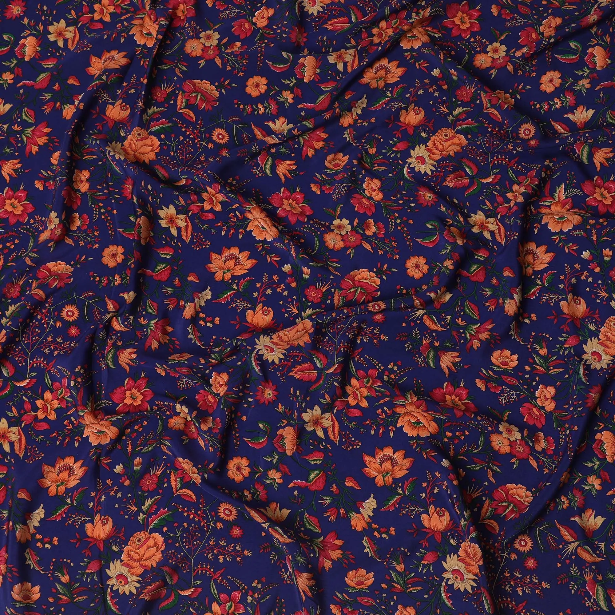 Dark royal blue Premium pure silk crepe fabric with multicolor print in floral design-D17192