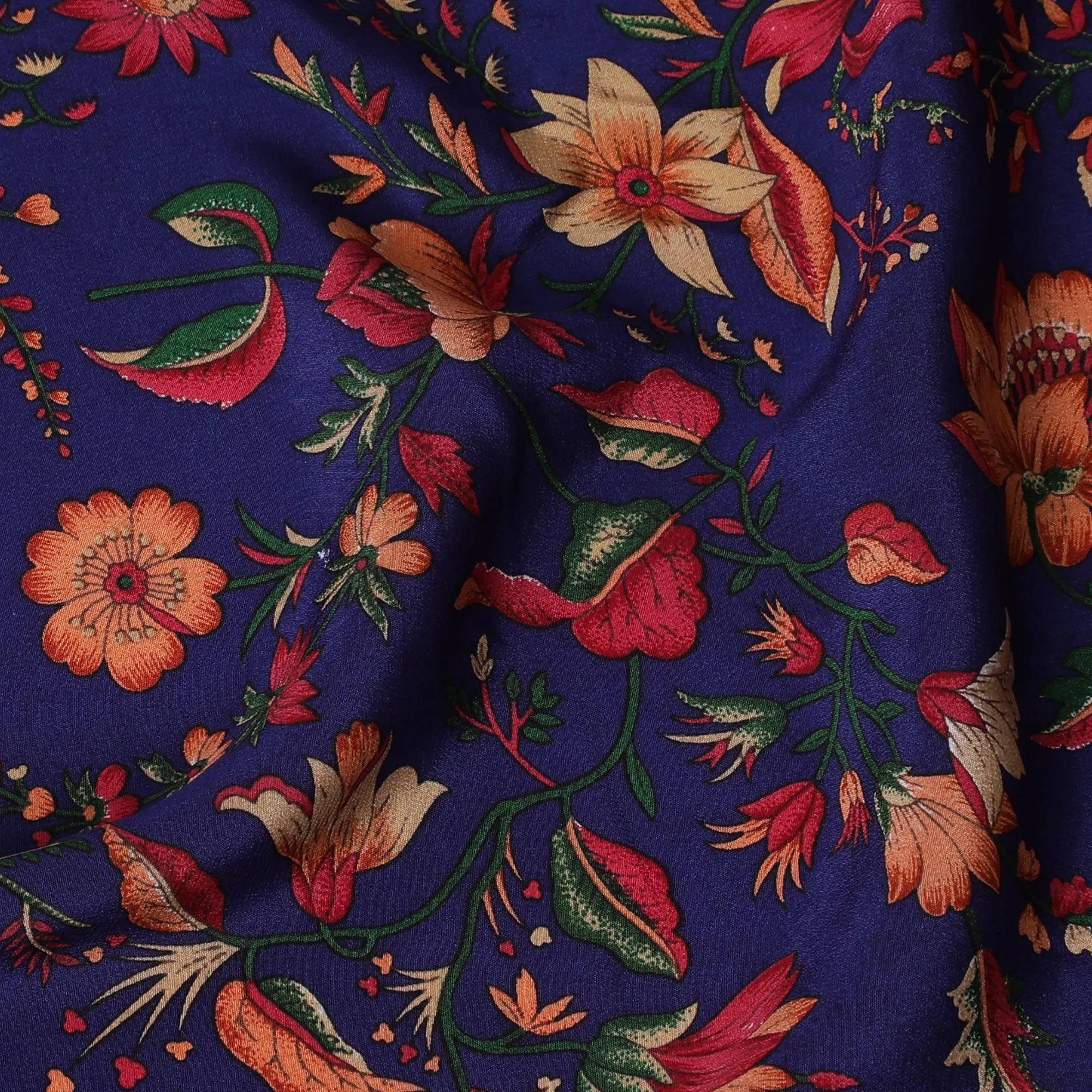 Dark royal blue Premium pure silk crepe fabric with multicolor print in floral design-D17192