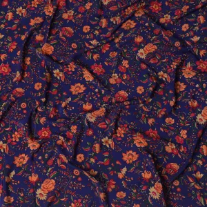 Dark royal blue Premium pure silk crepe fabric with multicolor print in floral design-D17192