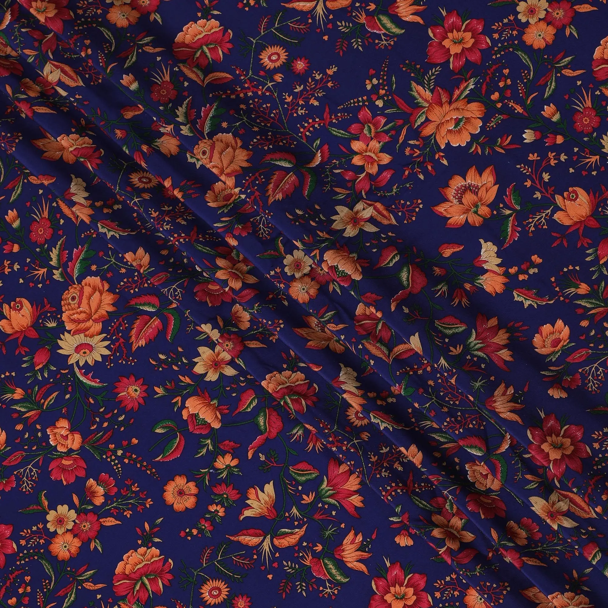 Dark royal blue Premium pure silk crepe fabric with multicolor print in floral design-D17192