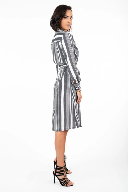 DR-02233 Women's Striped Button-Up Long Sleeve Dress with Pockets