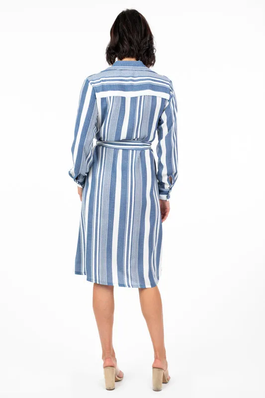 DR-02233 Women's Striped Button-Up Long Sleeve Dress with Pockets
