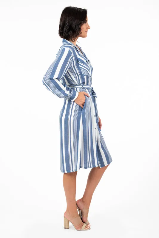 DR-02233 Women's Striped Button-Up Long Sleeve Dress with Pockets