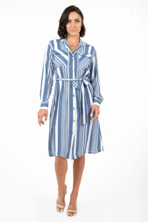 DR-02233 Women's Striped Button-Up Long Sleeve Dress with Pockets