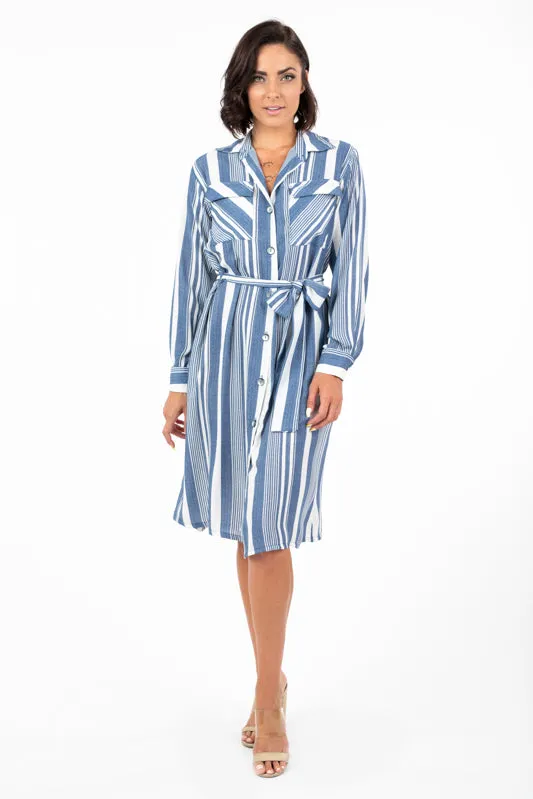 DR-02233 Women's Striped Button-Up Long Sleeve Dress with Pockets