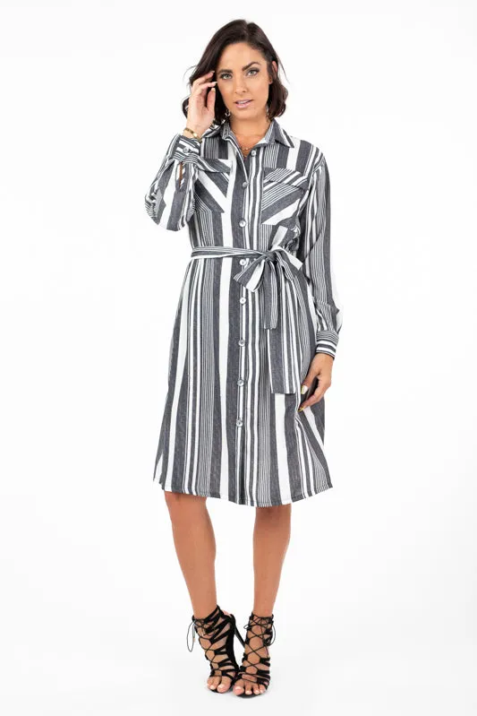 DR-02233 Women's Striped Button-Up Long Sleeve Dress with Pockets
