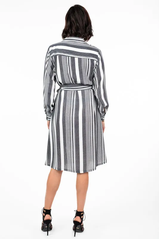 DR-02233 Women's Striped Button-Up Long Sleeve Dress with Pockets