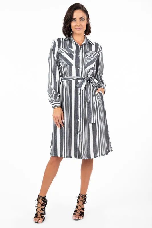 DR-02233 Women's Striped Button-Up Long Sleeve Dress with Pockets